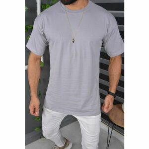 Megaman Jeans T-Shirt Oversize Sommer T-Shirt Tee Long-Tee Basic Shirt Kurzarmshirt Unifarben M Grau