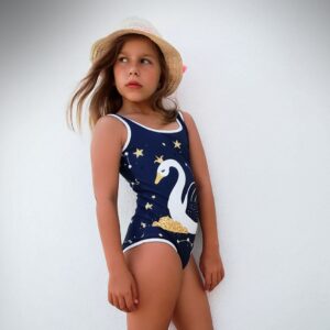 Weißer Schwan Badeanzug, Kleine Mädchen Blau Gold Und Weiß Design Strandmode, Kleinkind Badeanzug