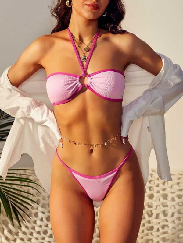 ZAFUL Kontrast Binding Gerippter O Ring Halter Bikini Badebekleidung S Hell pink
