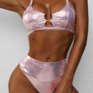 ZAFUL Metallischer Scaledruck Ring Bikini Badebekleidung mit Hohem Schnitt S Hell pink