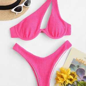 ZAFUL Strukturierter Ring Tanga Bikini Badebekleidung mit Einer Schulter L Hell pink