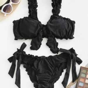 Gebundene Bikini Badebekleidung mit Rüschenbesatz S Schwarz