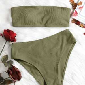 Geripptes Hoch Tailliertes Bikini Set mit Halsband S Leguan grün