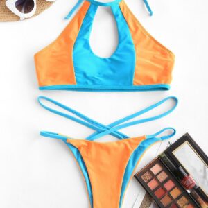 ZAFUL Farbblock Kreuzer und Querer Bikini Badebekleidung mit Ausschnitt S Orange