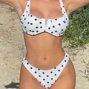 ZAFUL Gepunktetes Bikini Badebekleidung mit V-Kabel und Hohem Bein L Weiß