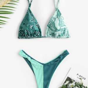 Farbblock Ethnische Gedruckte Bikini Badebekleidung Eine größe Grün
