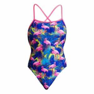 Funkita Badeanzug "Strapped In Mingo Magic", mit Flamingos und Palmen in kräftigen Farben