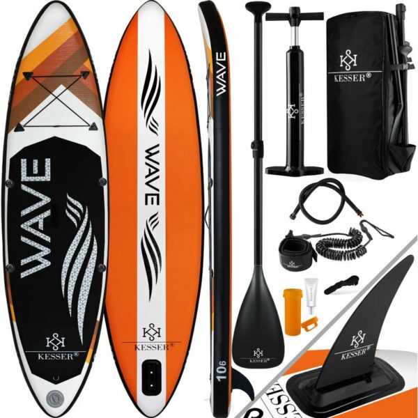 KESSER® Aufblasbares SUP Board Set Stand Up Paddle Board Premium Surfboard Wassersport | 6 Zoll Dick | Komplettes Zubehör | 130kg , (VARIO) Orange