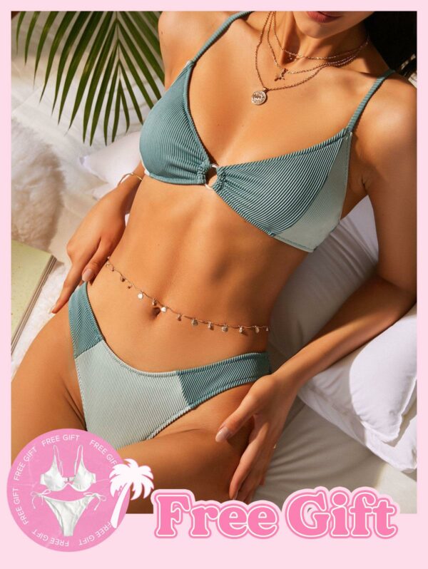 Kaufen 1 GET 1 KOSTENLOSE BIKINI SET - O -Ring Strukturierte Rippe Zwei -Ton -Bikini -Badebekleidung Set S Grün