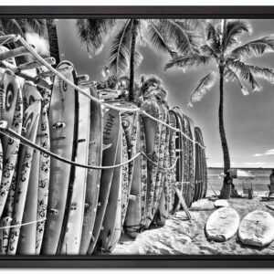 Pixxprint Leinwandbild "Surfboards am Strand", Wanddekoration (1 St), Leinwandbild fertig bespannt, in einem Schattenfugen-Bilderrahmen gefasst, inkl. Zackenaufhänger