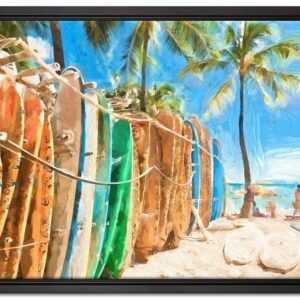 Pixxprint Leinwandbild "bunter Surfboards am Strand", Wanddekoration (1 St), Leinwandbild fertig bespannt, in einem Schattenfugen-Bilderrahmen gefasst, inkl. Zackenaufhänger