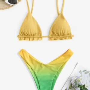 Rüschen Metallische Ombre Bikini Badebekleidung mit Hohem Bein Eine größe Gelb