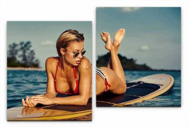 Sinus Art Leinwandbild "Frau auf Surfboard Wandbild in verschiedenen Größen"
