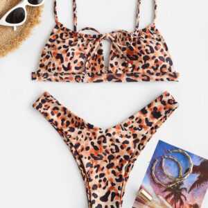 ZAFUL Gebundener Leopard Schlüsselloch Bikini Badebekleidung mit Hohem Ausschnitt M Kaffee