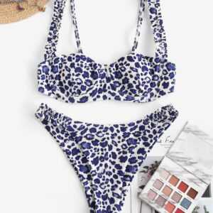 ZAFUL Gerippte Leopard Bügel Bikini Badebekleidung mit Rüschen M Blau