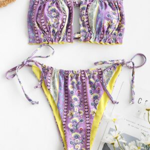 ZAFUL Reversibeler Bohemian Blumen Bandeau Bikini Badebekleidung mit Ausschnitt M Lila