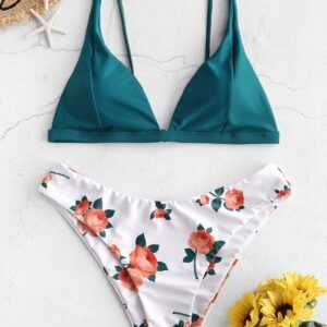 ZAFUL Sonnenblumen Bikini Badebekleidung mit Hohem Bein L Pfauenblau