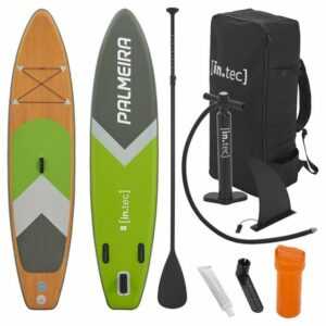 in.tec SUP-Board, "Palmeira" Paddleboard 320x76x15cm Surfboard bis 150 kg aufblasbar Grün/Holzoptik/Grau