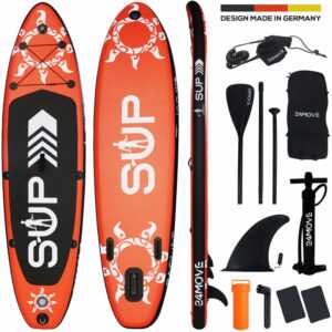 24move - ® Sup 305cm Rot, Aufblasbares Stand Up Paddle Board Set, Surfboard, Yoga Board, Kajak, Action Cam Ready, Pumpe, Rucksack, 3 Finnen, Ventil,