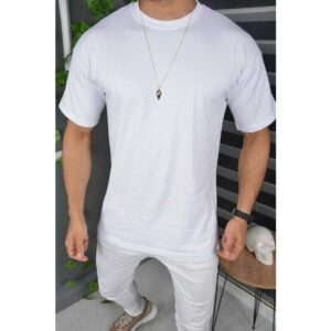 Jeans T-Shirt Oversize Sommer T-Shirt Tee Long-Tee Basic Shirt Kurzarmshirt Unifarben 2XL Weiß - Megaman
