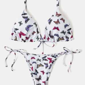 Damen Butterfly Print Verstellbare dünne Träger String Thong Bikinis Beachwear