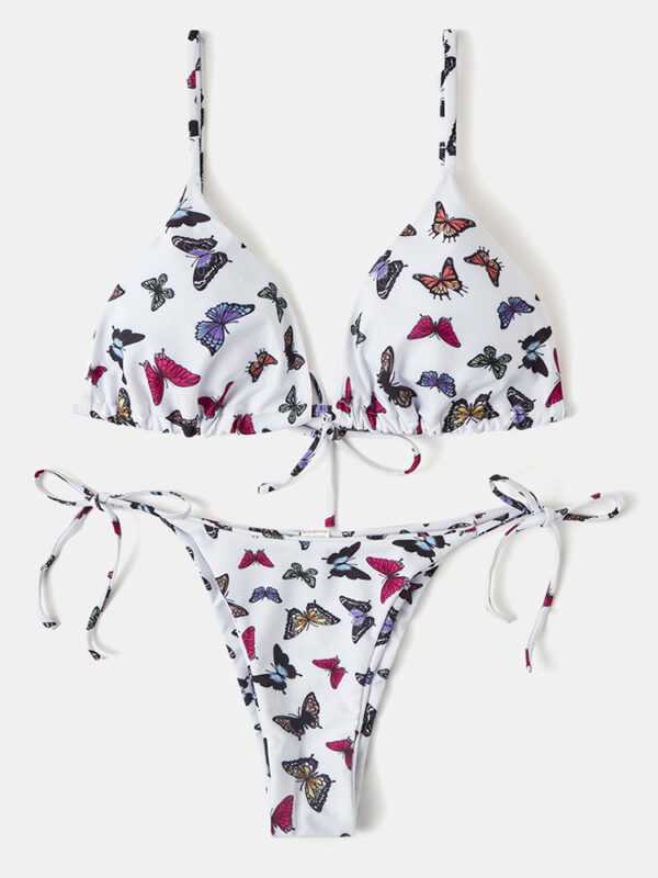 Damen Butterfly Print Verstellbare dünne Träger String Thong Bikinis Beachwear