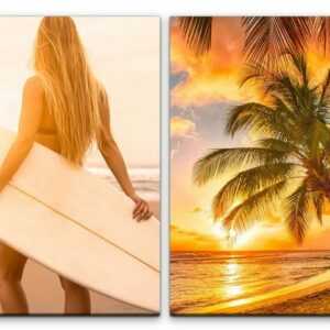 Sinus Art Leinwandbild "2 Bilder je 60x90cm Palme Traumstrand Urlaubsparadies Surferin Surfbrett Erholsam Bikini"