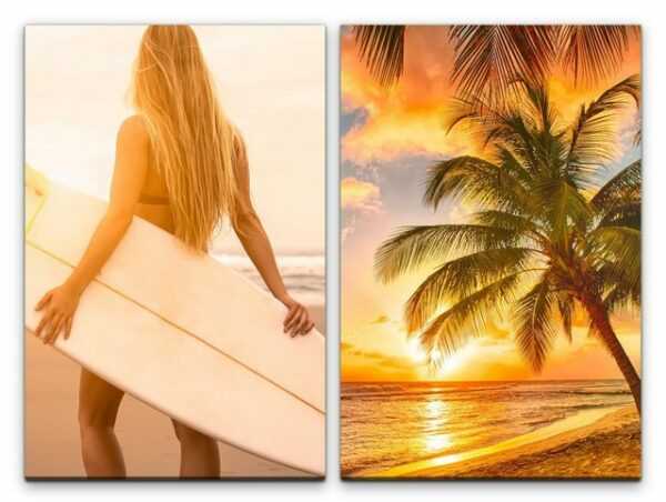 Sinus Art Leinwandbild "2 Bilder je 60x90cm Palme Traumstrand Urlaubsparadies Surferin Surfbrett Erholsam Bikini"