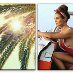 Sinus Art Leinwandbild "2 Bilder je 60x90cm Palmen Kalifornien 50er Jahre junge Frau Bikini Strand Sommer"