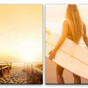 Sinus Art Leinwandbild "2 Bilder je 60x90cm Sandstrand Surferin Bikini Sommer Sonne Surfbrett Urlaub"