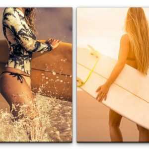 Sinus Art Leinwandbild "2 Bilder je 60x90cm Surferin Surfen Sommer Bikini Meer Urlaub Surfbrett"