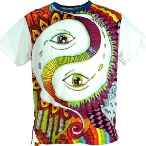 Guru-Shop T-Shirt Weed T-Shirt - Yin Yang weiß/bunt Goa Style, Festival, alternative Bekleidung