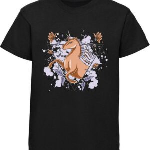 MyDesign24 Print-Shirt bedrucktes Kinder Mädchen Einhorn T-Shirt mit Blumen Baumwollshirt mit Aufdruck, i203