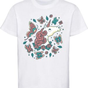 MyDesign24 Print-Shirt bedrucktes Kinder Mädchen T-Shirt - Einhorn Kopf mit Schmetterlingen Baumwollshirt mit Aufdruck, i190
