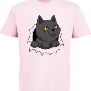 MyDesign24 Print-Shirt bedrucktes Kinder Mädchen T-Shirt Katze die aus einem Loch kommt Baumwollshirt mit Katze, weiß, schwarz, rot, rosa, i105