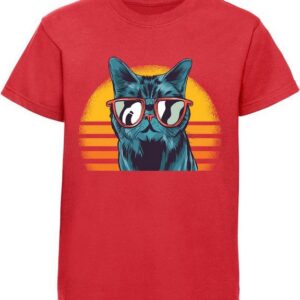 MyDesign24 Print-Shirt bedrucktes Kinder Mädchen T-Shirt coole Retro Katze mit Sonnenbrille Baumwollshirt mit Katze, weiß, schwarz, rot, rosa, i102