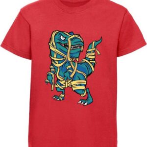 MyDesign24 Print-Shirt bedrucktes Kinder T-Shirt T-Rex in Papier eingewickelt Baumwollshirt mit Dino, schwarz, weiß, rot, blau, i97