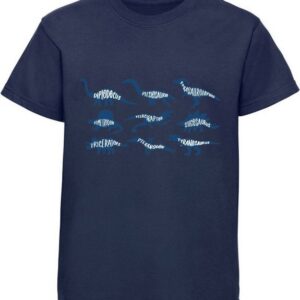 MyDesign24 Print-Shirt bedrucktes Kinder T-Shirt mit Dinosaurier Silhouetten & Namen Baumwollshirt mit Dino, schwarz, weiß, rot, blau, i90