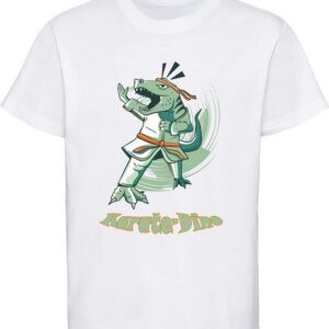 MyDesign24 Print-Shirt bedrucktes Kinder T-Shirt mit Karate Dino Baumwollshirt mit Dino, schwarz, weiß, rot, blau, i95