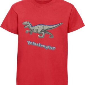 MyDesign24 Print-Shirt bedrucktes Kinder T-Shirt mit Velociraptor 100% Baumwolle mit Dino Aufdruck, schwarz, weiß, rot, blau, i64
