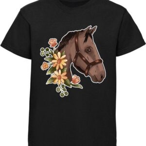 MyDesign24 Print-Shirt bedrucktes Mädchen T-Shirt - Dunkelbrauner Pferdekopf mit Blumen Baumwollshirt mit Aufdruck, i180