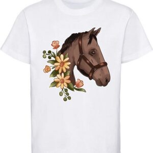 MyDesign24 Print-Shirt bedrucktes Mädchen T-Shirt - Dunkelbrauner Pferdekopf mit Blumen Baumwollshirt mit Aufdruck, i180