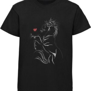 MyDesign24 Print-Shirt bedrucktes Mädchen T-Shirt Pferd das eine Hand berührt Baumwollshirt mit Aufdruck, i159