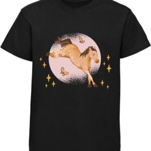 MyDesign24 Print-Shirt bedrucktes Mädchen T-Shirt austretendes Pferd und Schmetterlinge Baumwollshirt mit Aufdruck, i157