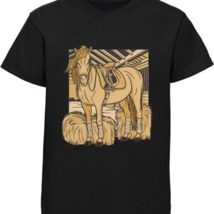 MyDesign24 Print-Shirt bedrucktes Mädchen T-Shirt ein Pferd im Stall Baumwollshirt mit Aufdruck, i147