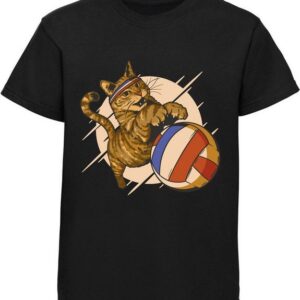 MyDesign24 Print-Shirt bedrucktes Mädchen T-Shirt eine Katze beim Volleyball Baumwollshirt mit Aufdruck, weiß, schwarz, rot, i121
