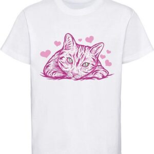 MyDesign24 Print-Shirt bedrucktes Mädchen T-Shirt rosa Katze mit Herzen Baumwollshirt mit Aufdruck, weiß, schwarz, rot, i122