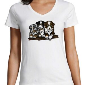 MyDesign24 T-Shirt Damen Hunde Print Shirt - Drei Hundewelpen V-Ausschnitt Baumwollshirt mit Aufdruck Slim Fit, i215