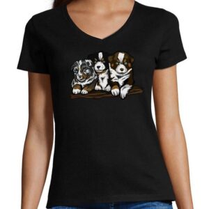 MyDesign24 T-Shirt Damen Hunde Print Shirt - Drei Hundewelpen V-Ausschnitt Baumwollshirt mit Aufdruck Slim Fit, i215