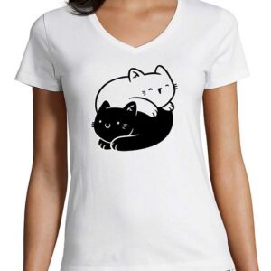 MyDesign24 T-Shirt Damen Katzen Print Shirt bedruckt - Yin Yang Katze Baumwollshirt mit Aufdruck, Slim Fit, i112